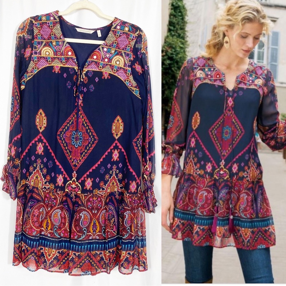 Soft Surroundings Iskra Paisley Floral Embroidered Bohemian Tunic: Navy Blue - Picture 2 of 14